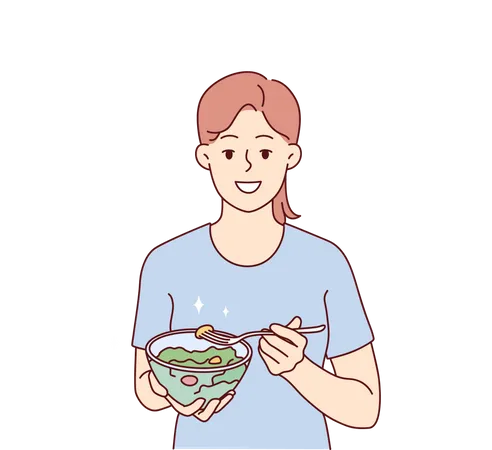 Menina comendo tigela de legumes  Ilustração