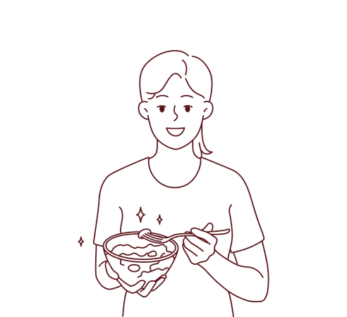 Menina comendo tigela de legumes  Ilustração