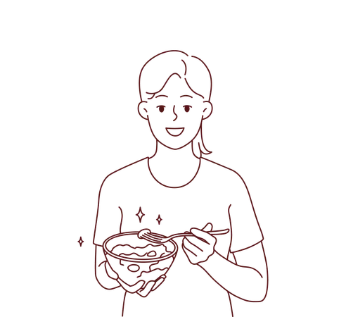 Menina comendo tigela de legumes  Ilustração