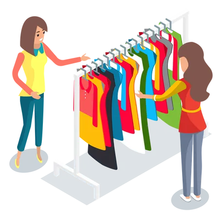 Garota fazendo compras em loja de roupas  Ilustração