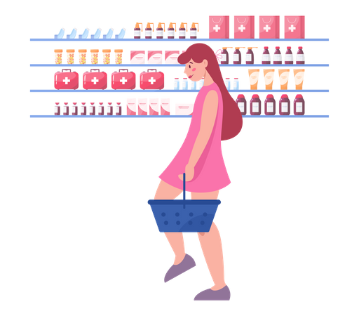 Garota comprando remédio na loja de farmácia  Ilustração