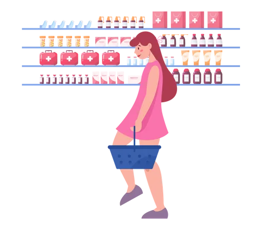 Garota comprando remédio na loja de farmácia  Ilustração