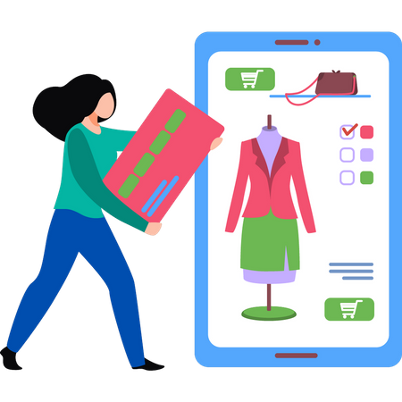 Menina comprando roupas online  Ilustração