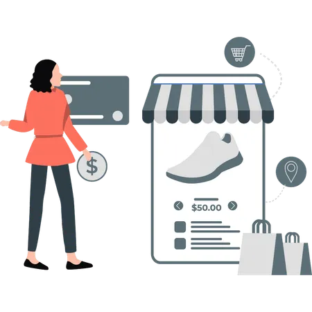 Menina comprando sapatos online  Ilustração