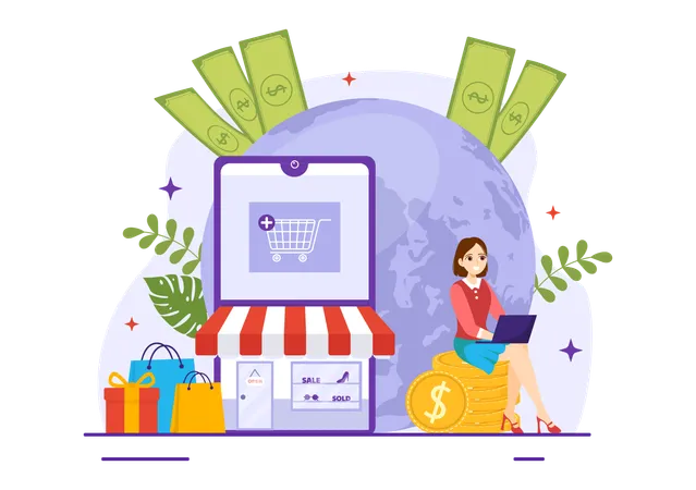 Menina fazendo compras on-line  Ilustração