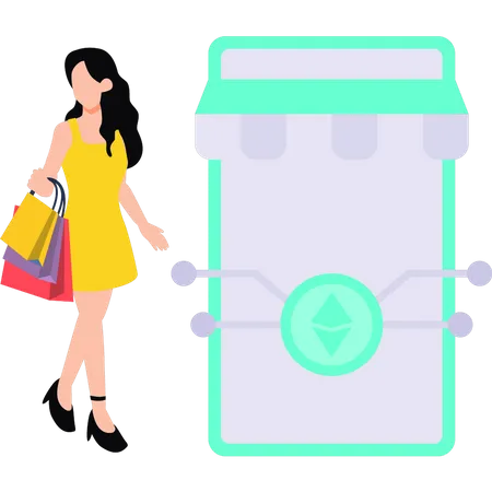 Menina fazendo compras on-line  Ilustração