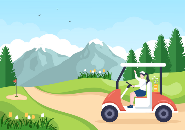 Menina dirigindo carrinho de golfe  Ilustração