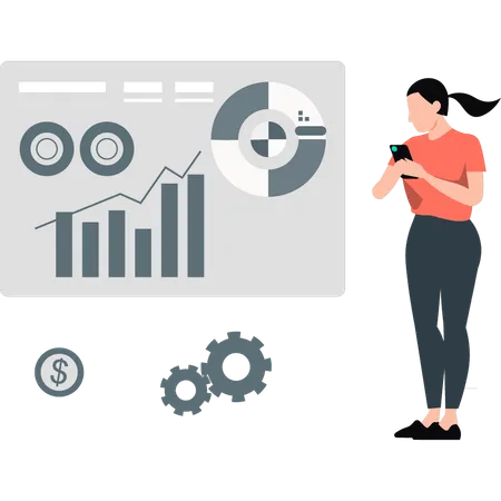 Menina configurando gráfico de pagamento em seu celular  Ilustração