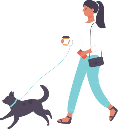 Menina correndo com cachorro de estimação  Ilustração