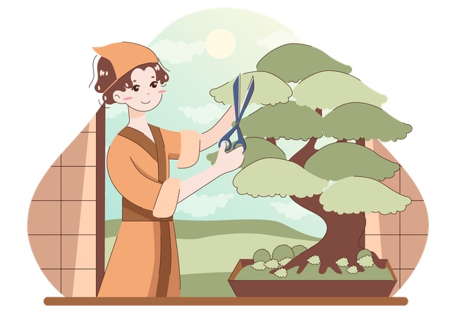 Menina cortando árvore bonsai  Ilustração