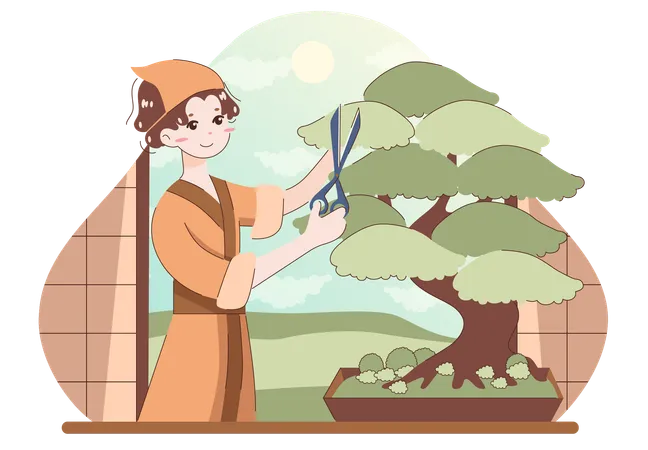 Menina cortando árvore bonsai  Ilustração