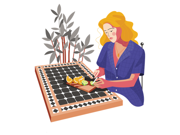 Menina cortando frutas  Ilustração