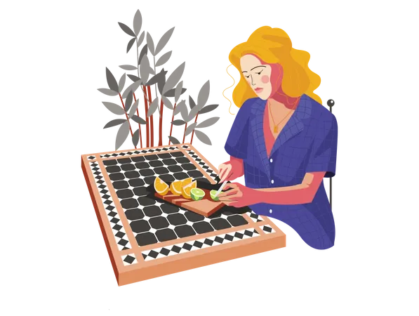 Menina cortando frutas  Ilustração