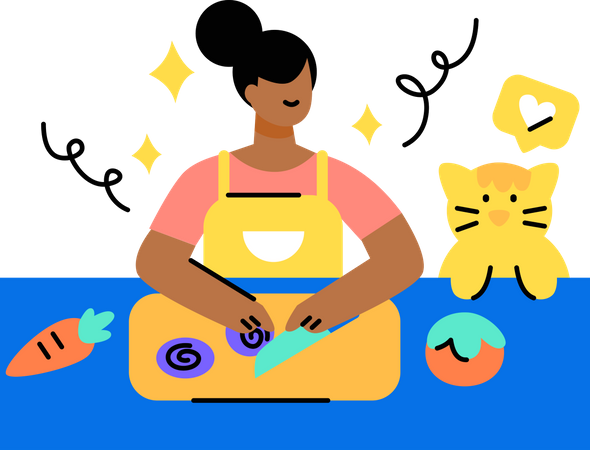 Menina cortando legumes na cozinha  Ilustração