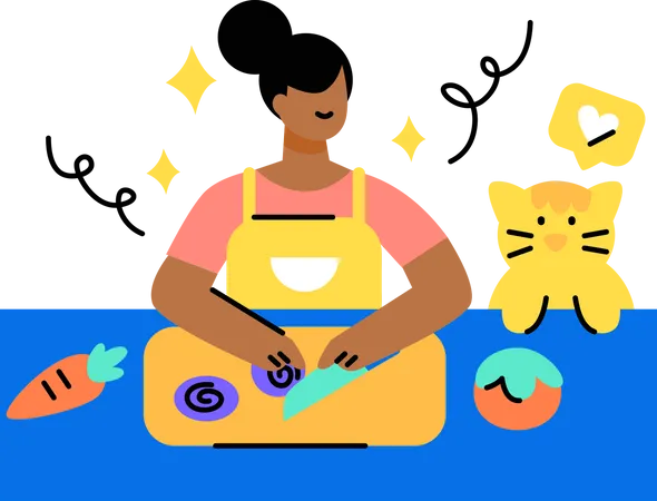Menina cortando legumes na cozinha  Ilustração