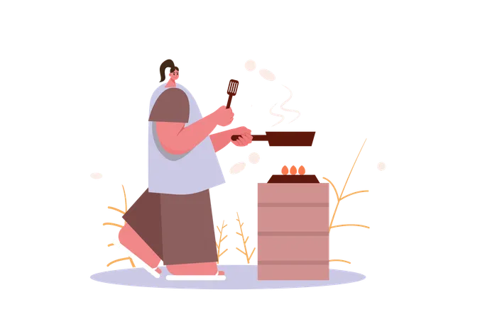 Menina cozinhando café da manhã  Ilustração