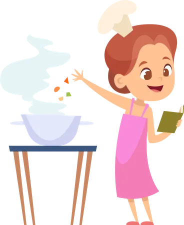 Menina cozinhando com aparência de receita culinária  Ilustração