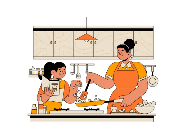 Menina cozinhando comida com a mãe  Ilustração