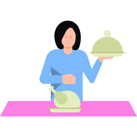 Menina cozinhando frango  Ilustração