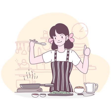 Menina cozinhando na cozinha  Ilustração