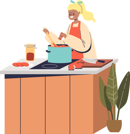 Menina cozinhando na cozinha  Ilustração