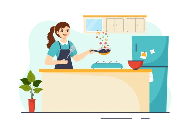 Menina cozinhando na cozinha  Ilustração