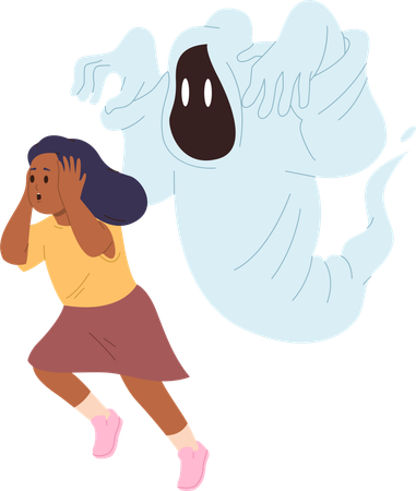 Menina assustada tocando a cabeça gritando fugindo do fantasma  Ilustração