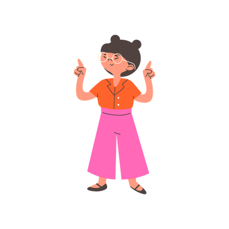 Menina bonita em pé apontando os dedos para cima  Ilustração