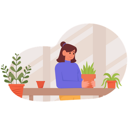 Menina cuidando da planta  Ilustração