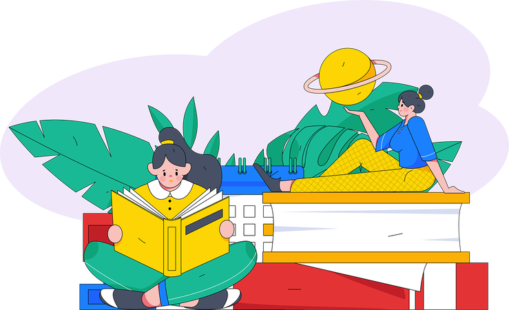 Menina da escola aprendendo sobre o espaço interestelar  Ilustração