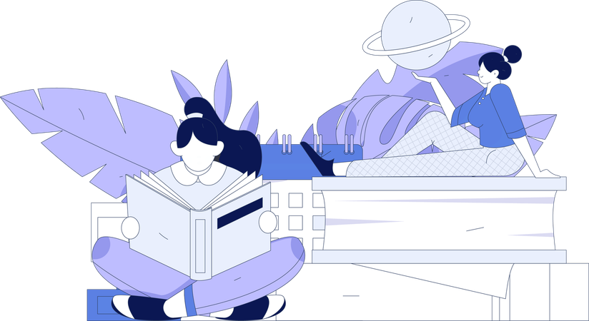 Menina da escola aprendendo sobre o espaço interestelar  Ilustração