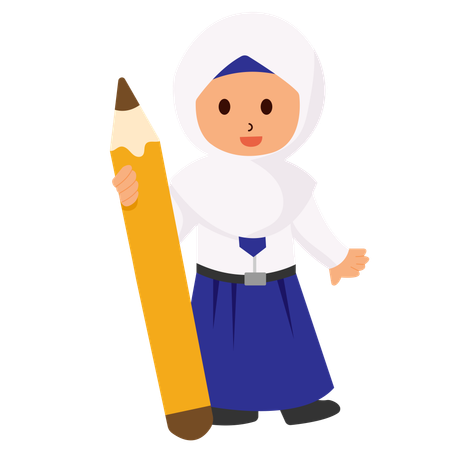 Menina da escola usando hijab segurando um lápis  Ilustração