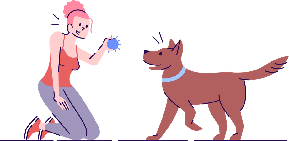 Menina dando treinamento de bola para cachorro  Ilustração