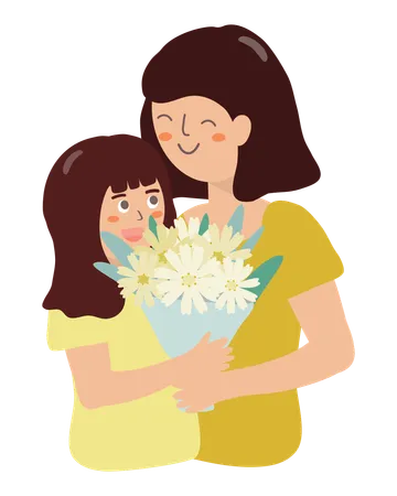 Menina dando buquês de flores para mãe  Ilustração