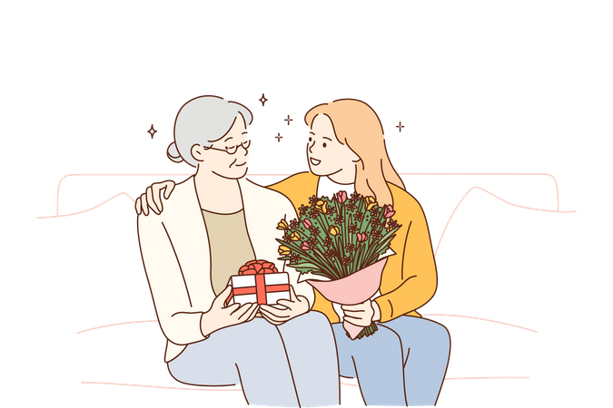 Menina dando presente e buquê de flores para a avó  Ilustração