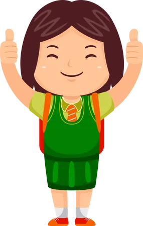 Menina de pé em uniforme escolar e mostrando o polegar para cima  Ilustração