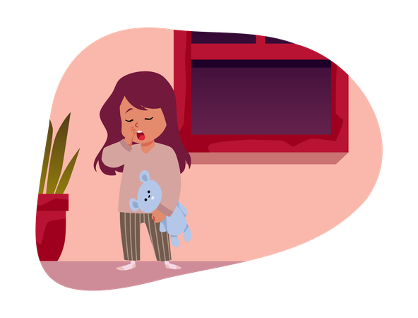 Menina bocejando de pijama e segurando um brinquedo  Ilustração