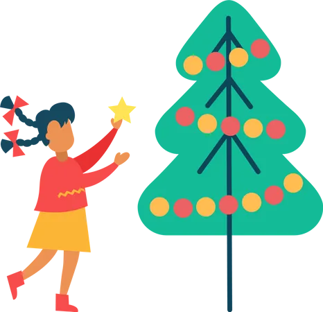 Menina decora árvore de ano novo colocando estrela no topo  Ilustração