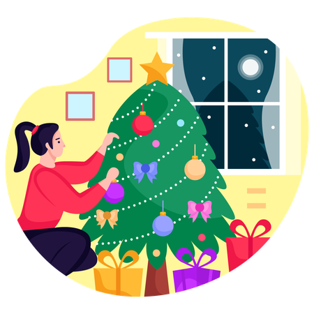 Menina decorando árvore de natal  Ilustração