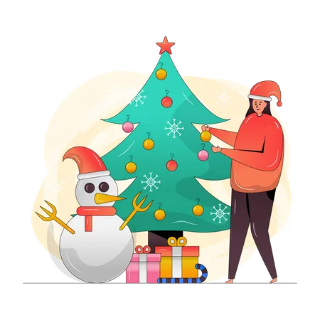 Menina decorando árvore de natal  Ilustração