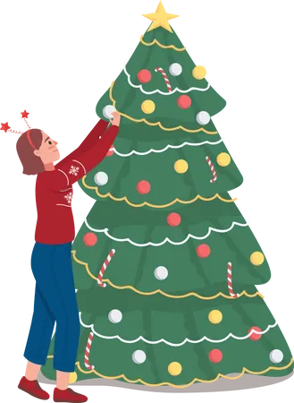 Menina decorando árvore de natal  Ilustração