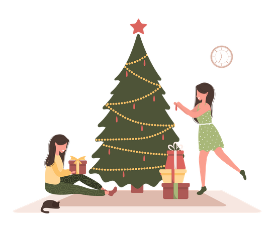 Menina decorando árvore de natal  Ilustração