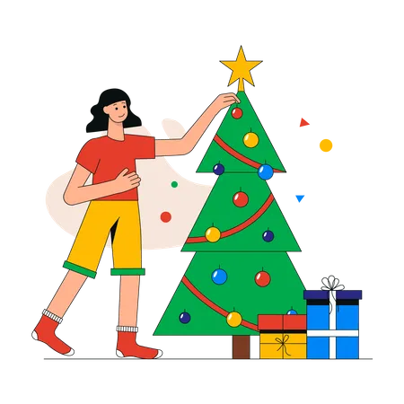 Menina decorando árvore de natal  Ilustração