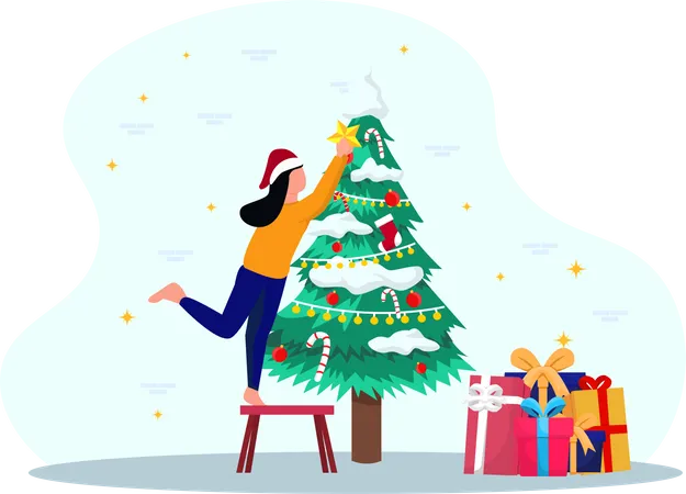 Menina decorando árvore de natal  Ilustração