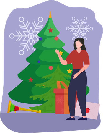 Menina decorando árvore de natal  Ilustração