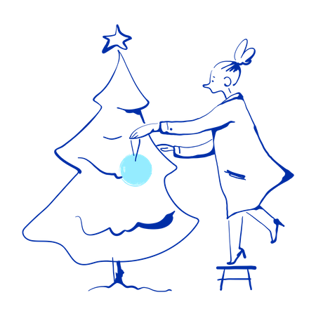 Menina decorando árvore de natal  Ilustração