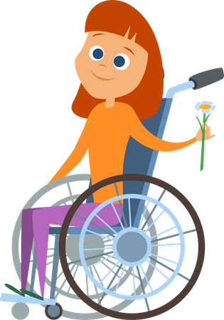 Menina com deficiência segurando uma flor enquanto está sentada na cadeira de rodas  Ilustração