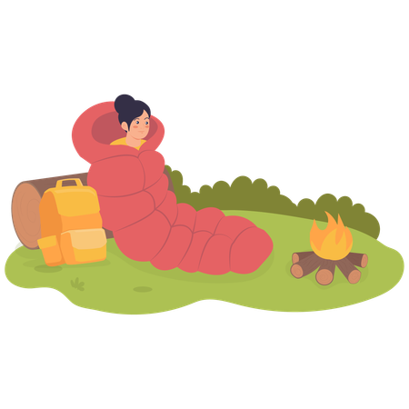 Menina deitada em saco de dormir acampando  Ilustração