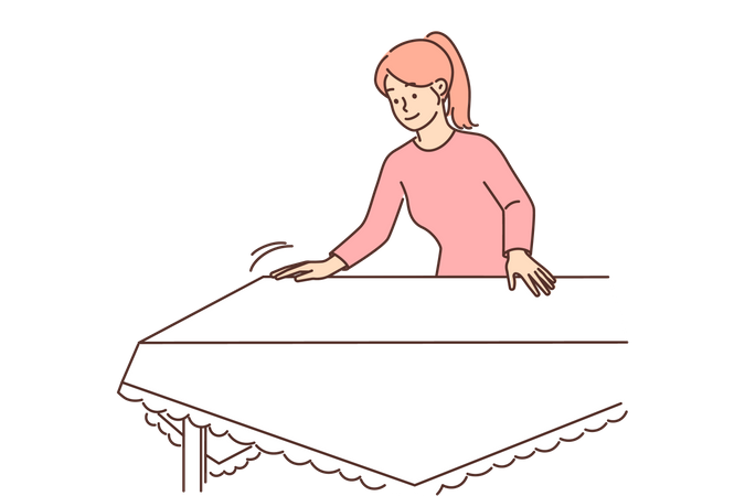Menina deitando o lençol na mesa  Ilustração