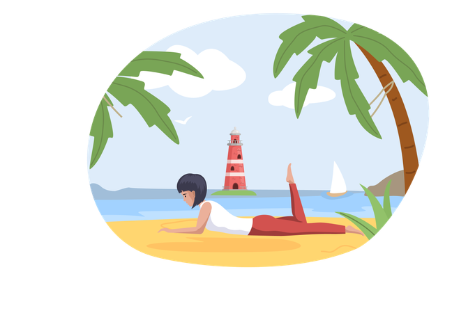 Menina descansa, deita-se na areia da praia e lê  Ilustração